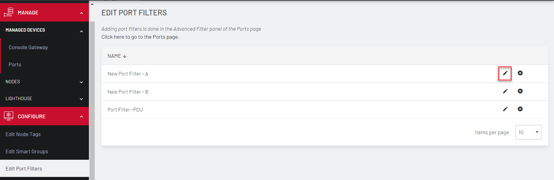 Image of Lighthouse UI showing how to edit a port filter